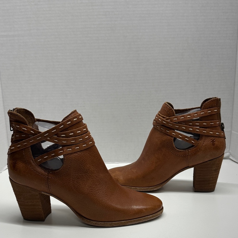 Frye Tan Leather Ankle Booties with Strap Detail